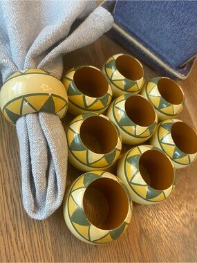 Vintage Pier 1 Southwestern Lacquered Wood Napkin Rings Set of 9, Boho Kitchen